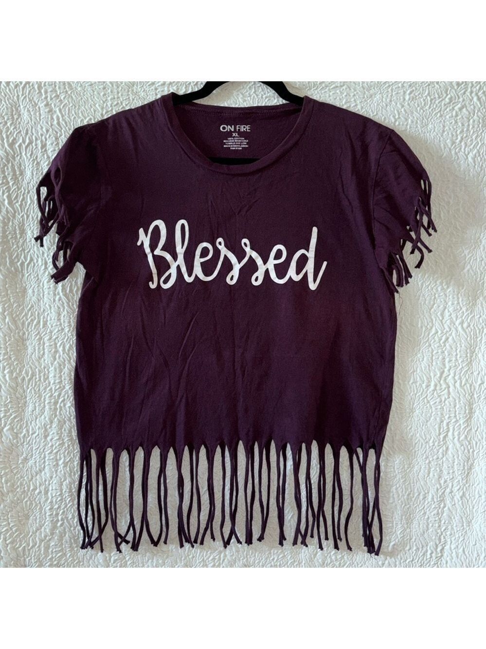 ON FIRE 'Blessed' Print & Back Print Fringe Detail Short Sleeve T-Shirt
